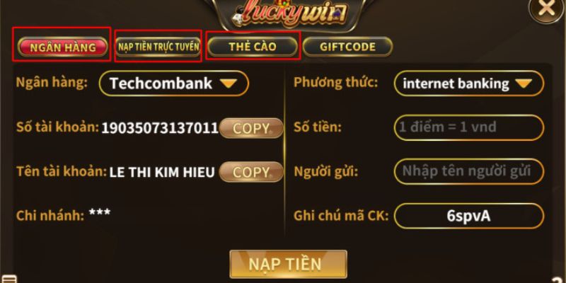 Nạp tiền Luckywin qua ngân hàng trực tuyến với thời gian xử lý nhanh chóng